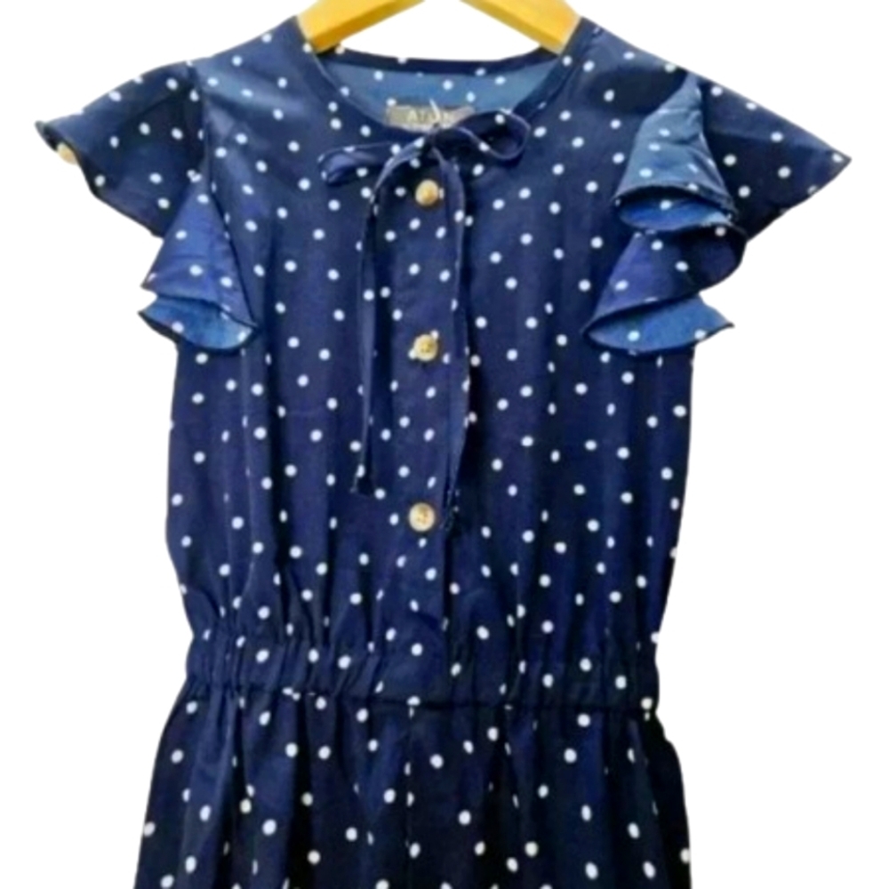 A.T.U.N. Polka Dot Jumpsuit Girls 3-4Y Blue Ruffle Sleeve Elastic Waist